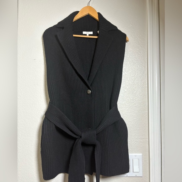 Vince Cashmere/Wool Black Ribbed Sleeveless V Neck Collared Cardigan with Belt. - Picture 1 of 16